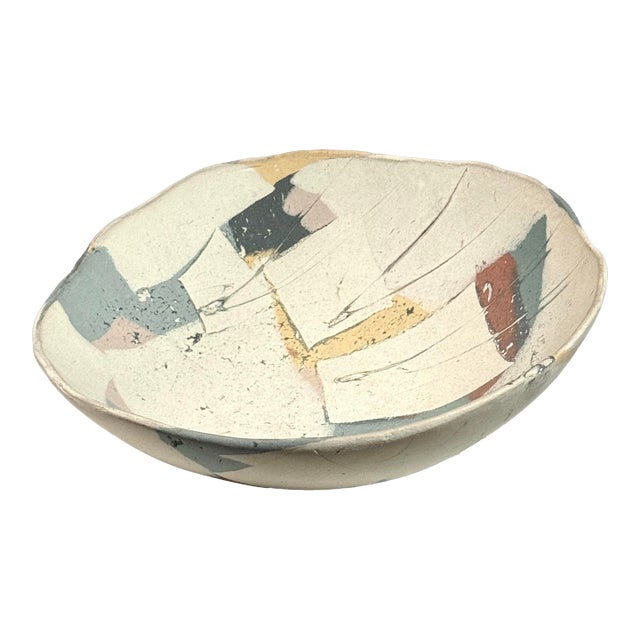 Vintage Postmodernist Abstract White Matte Ceramic Bowl, Signed For Sale