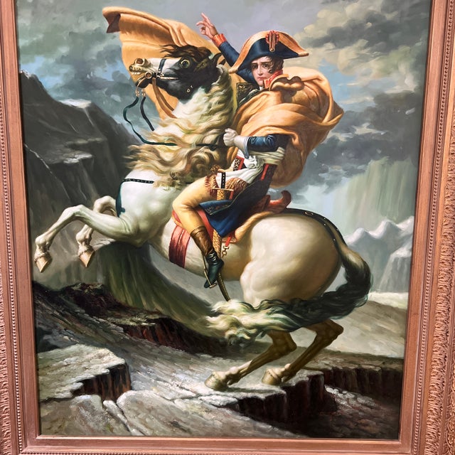 Figurative Oil on Canvas Hand Painted Signed Framed Reproduction of a Jacques-Louis David Painting Originally Created in 1801, Napoleon Crossing the Alps. For Sale - Image 3 of 12