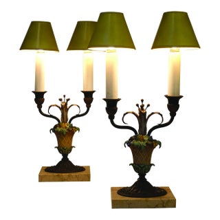 1920s Matched Pair Neoclassic French Empire Regency Tole Bronze Marble Candelabra Table Lamps For Sale
