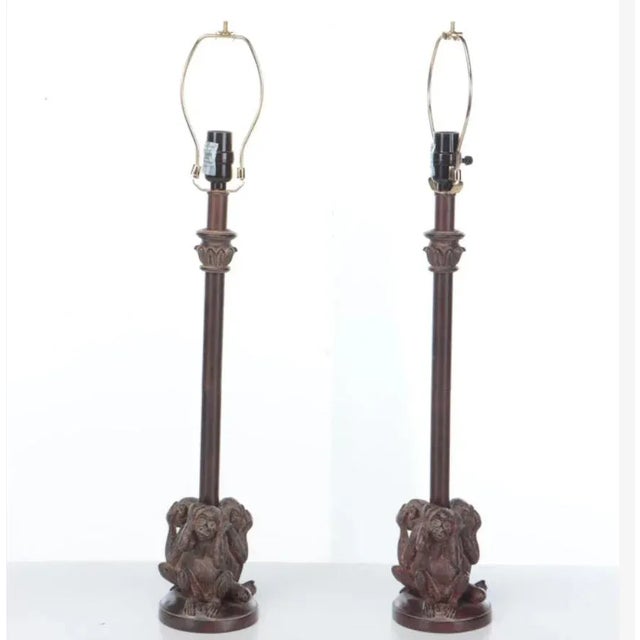 Resin and metal tall table lamps With 3 monkeys. See, Speak and Say No Evil. Small Vintage look lamp shades. Minor marks...
