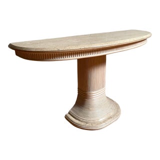 Vintage Travertine and Pencil Reed Rattan Console Table For Sale
