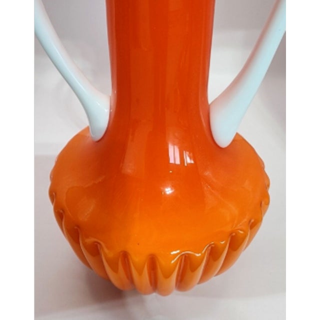 White Stunning Vintage Empoli Cased Glass Vase, Applied White Glass Handles For Sale - Image 8 of 11