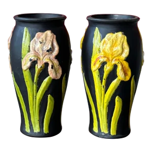 Eclectic Art Deco Black Amethyst Satin Glass Iris Vases by Tiffin- a Pair