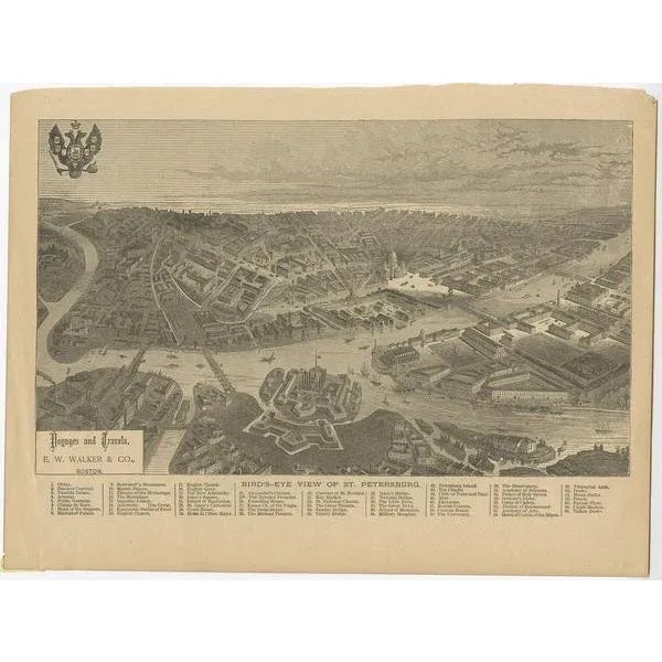: Antique print titled 'Birds-Eye View of St. Petersburg'. Old print with a view of Saint Petersburg, Russia. Originates...