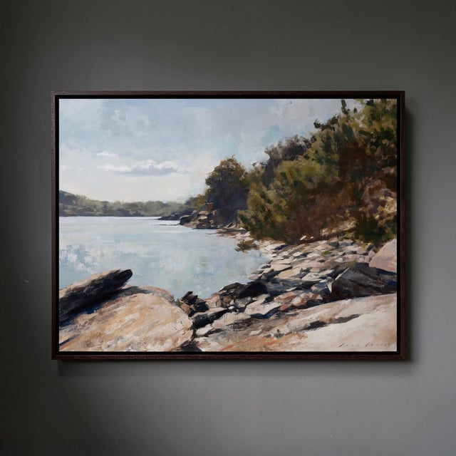 Blue Contemporary The Light That Falls by Jon Doran | Oil on Panel Sheltered Cornish Inlet in Summer For Sale - Image 8 of 10