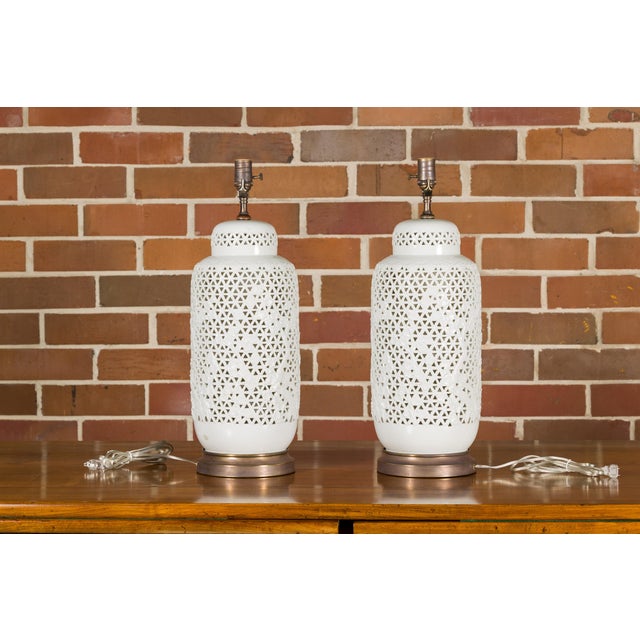 19th Century White Porcelain Vases with Floral Décor Made into Table Lamps, Pair For Sale In Atlanta - Image 6 of 12