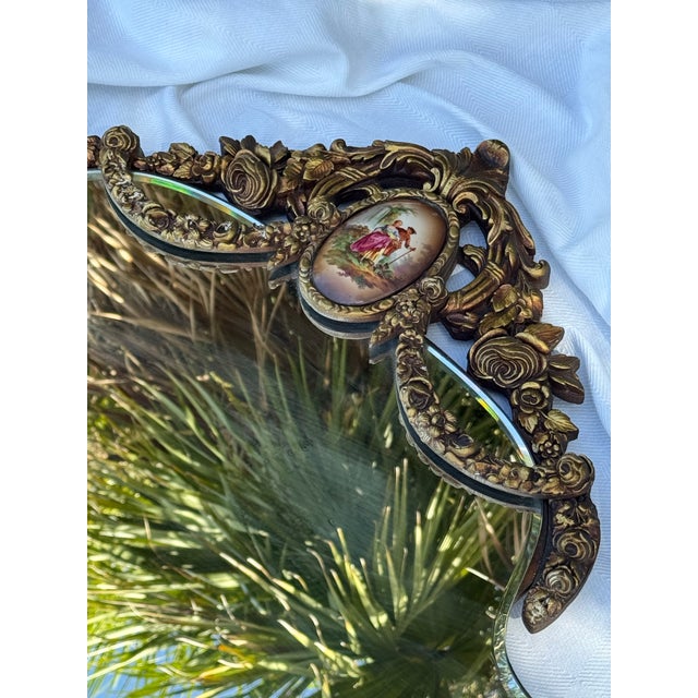 Hollywood Regency Antique Ornate Gilt Wall Mirror With Hand-Painted Porcelain Plaque For Sale - Image 3 of 11