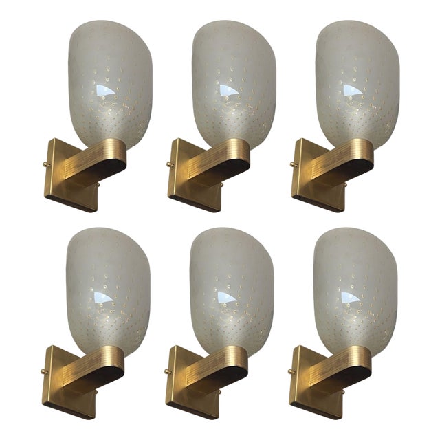1980s Italian Campana Glass Sconces With Gold Circle Detail - Set of Six For Sale
