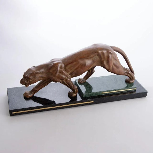 Art Deco Patinated Bronze Muscular Panther on Stepped Marble Base with Brass Trims, 1930s For Sale - Image 3 of 8