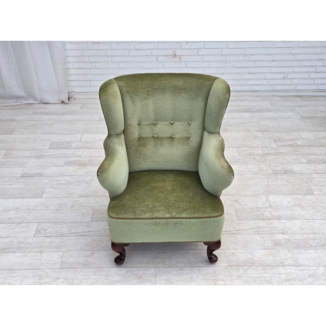 Scandinavian Armchair in Green Furniture Velour and Oak Wood Legs, 1960s For Sale - Image 6 of 18