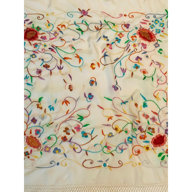 1900 - 1909 Gorgeous Handstitched Crewel Embroidered Silk Shawl With Fringes For Sale - Image 5 of 7