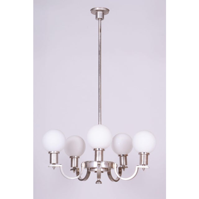 Art Deco Chandelier in Nickel, Steel and Opaline Glass, Czech, 1920s For Sale - Image 10 of 10