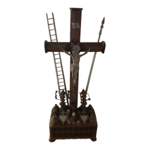 Circa 1940 French Tramp Art Standing Crucifix, Jesus Christ