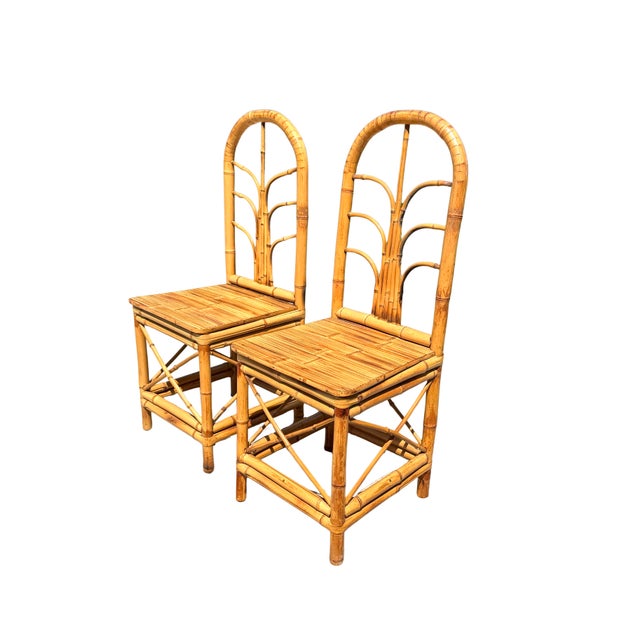 Ficks Reed Pair of Vintage Hollywood Regency Bamboo & Rattan Dining Chairs | Palm Beach Coastal Chinoiserie Bent Bamboo High-Back Accent Chairs For Sale - Image 4 of 13