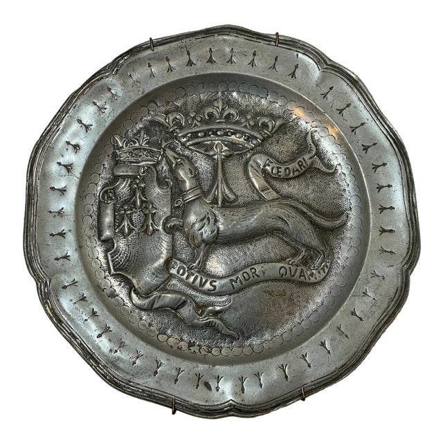 Antique 18th Century Tooled Latin Handmade Armorial Pewter Plaque Relief Plate For Sale