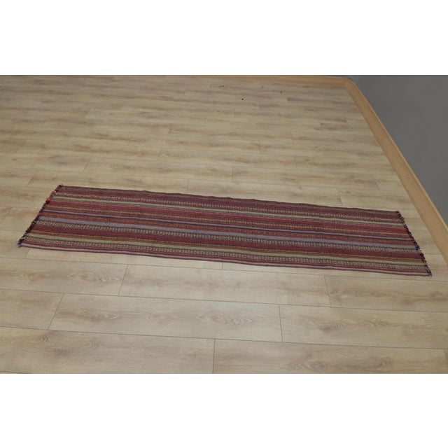 1960s Vintage Striped Very Old Natural Wool Kilim Runner Rug For Sale - Image 4 of 13