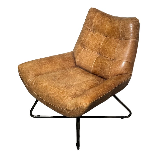 Cognac Leather Armchair with Industrial Metal Base For Sale