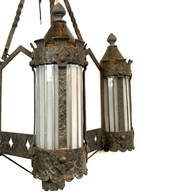 Vintage American Albert Sechrist Wrought Iron, Glass Eight-Light Pendant Lantern For Sale In Denver - Image 6 of 12