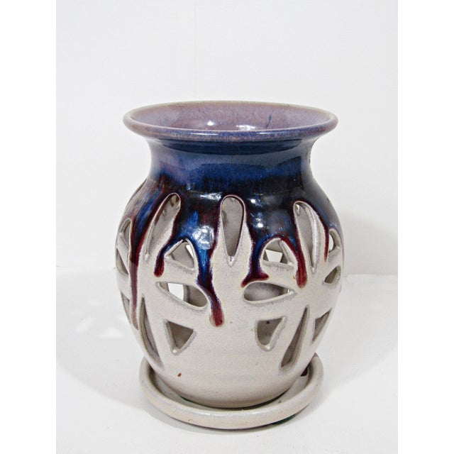 Contemporary Signed Studio Pottery Pierced Luminary Candle Holder With Matching Dish For Sale - Image 3 of 13