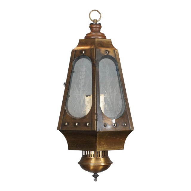 Vintage Brass Etched Glass Swag Pendant Light For Sale