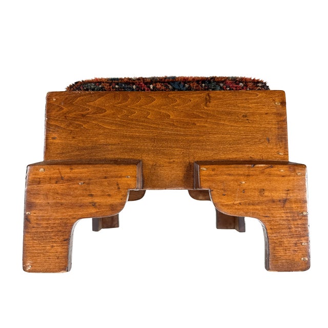 Antique 1920s Handmade Oak Wood Spanish Colonial Revival Arts & Crafts Footstool W/ Hand-Knotted Rug Seat For Sale - Image 12 of 17