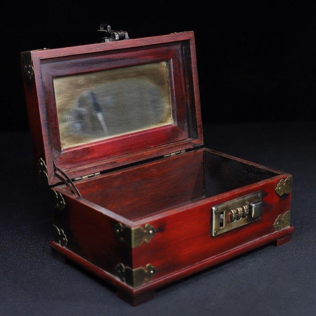 Brown Vintage Redwood Jewelry Box With Combination Lock and Brass Mounts For Sale - Image 8 of 10