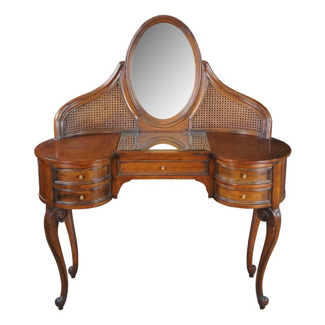 Mid 20th Century French Louis XVI Caned Cherry Mirrored Kidney Dressing Vanity Desk For Sale