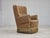 1960s, Danish armchair. Green/brown furniture velour, beech wood legs with brass plugs, brass springs in the seat....