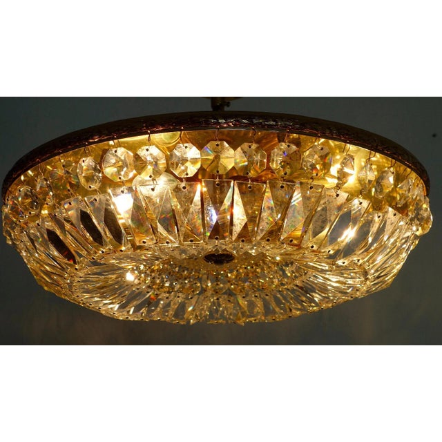 1960's Austrian Regency Gold Plate Framed Cut Lead Crystal Ceiling Flush Mount/ Plafonnier Lighting Fixture by Palme & Walter For Sale - Image 13 of 18