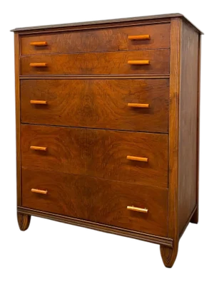 1970s Vintage Art Deco 5 Drawer Dresser With Book Matched Burl Wood Accents and Bakelite Pulls by Crescent Furniture Co