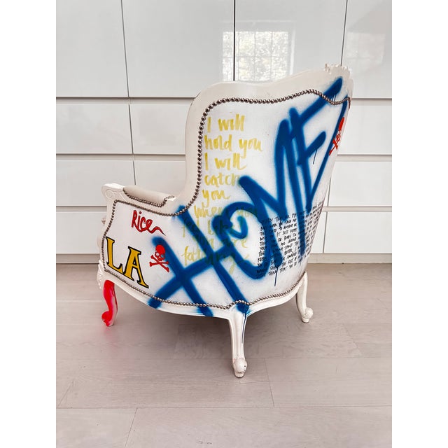 2010s Pair of Bespoke Jimmie Martin Hand-Painted White Leather Graffiti Armchairs For Sale - Image 5 of 18