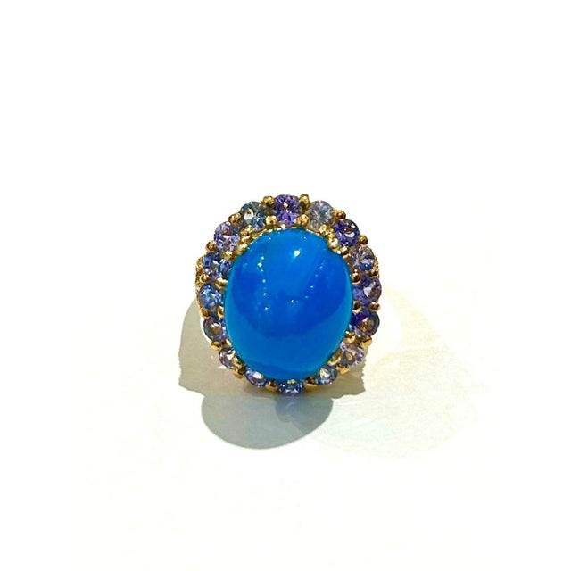 Gemstone Bochic “Capri” Vintage Blue Opal & Lilac Tanzanite Cocktail Ring - 18K Gold & Si For Sale - Image 7 of 10