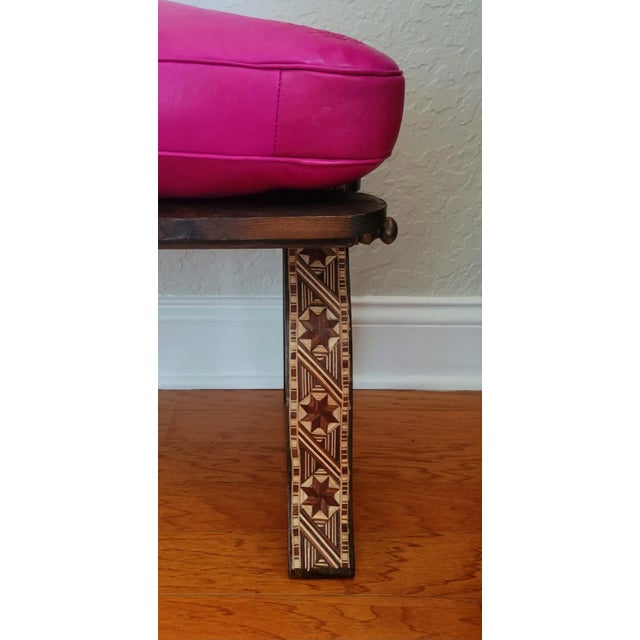 Handcrafted Moroccan Camel Saddle, Genuine Leather Cushion Stool / Pink For Sale - Image 9 of 10