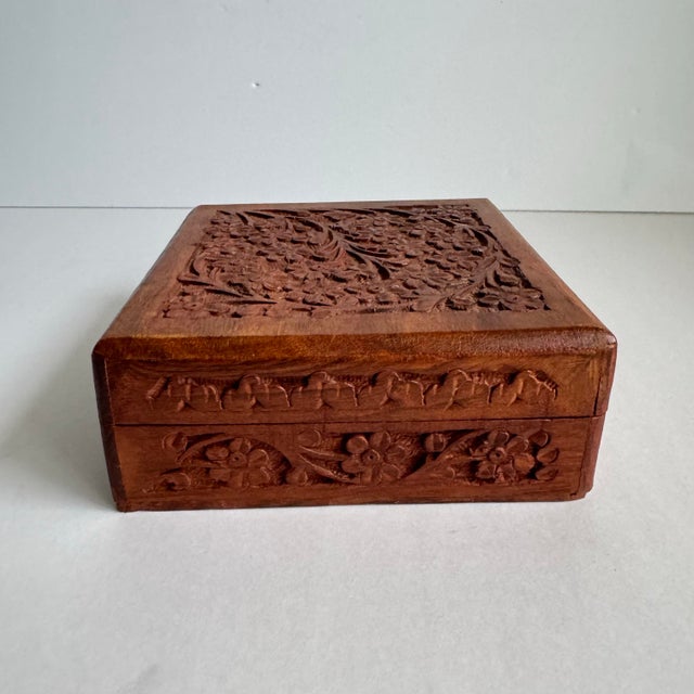Hand Carved Teak Box Floral Motif Hinged Lid For Sale - Image 4 of 10