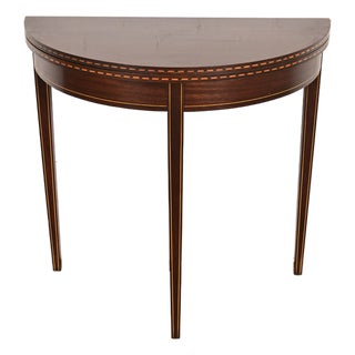 Baker Furniture Style Federal Inlaid Mahogany Flip Top Demilune Console Game Table For Sale