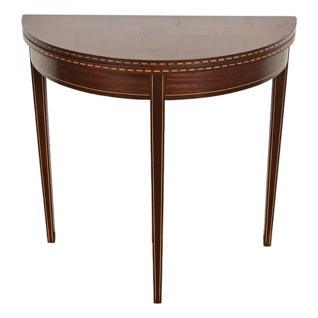Late 20th Century Baker Furniture Style Federal Inlaid Mahogany Flip Top Demilune Console Game Table For Sale