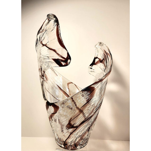Murano Vintage Murano Wave Vase | Oxblood Brown Ribbons, Mid-Century Italian Sculptural Glass Centerpiece For Sale - Image 4 of 12