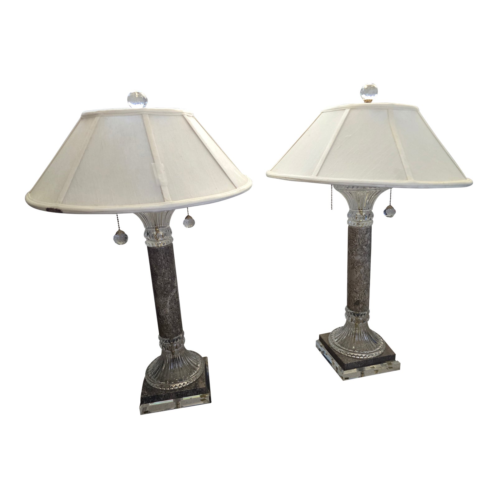 1970s Concord Simone Taupe Marble Crystal Column Table Lamps, 2 