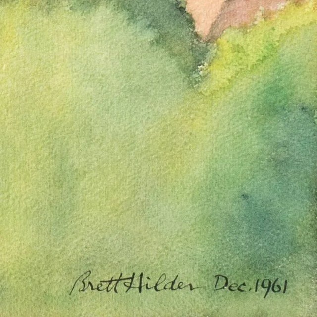 A delicate watercolor landscape showing a panoramic view of Australia's capital city looking towards Sydney Harbor Bridge...