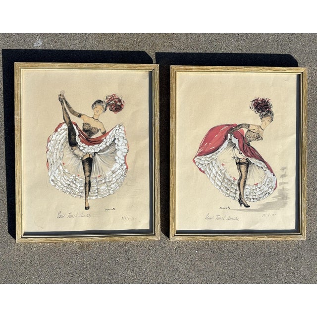 French 1950s Pair of Original French Cabaret CanCan Dancers Watercolor Paintings by Janicotte For Sale - Image 3 of 8