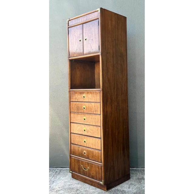 Late 20th Century Vintage Drexel Wood and Metal Campaign Tall Cabinet For Sale - Image 5 of 12