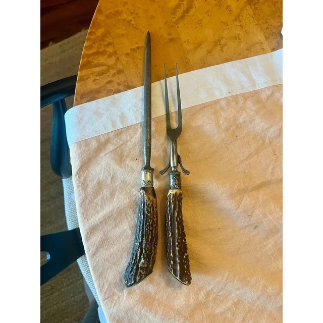 Silver Antique Sterling Silver Mounted Stag Horn Carving Set, Meat Fork and Sharpening Steel For Sale - Image 8 of 15
