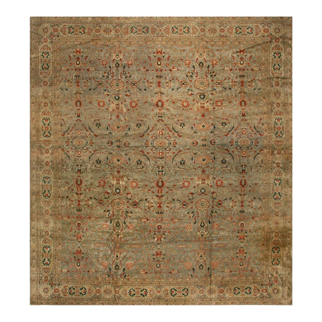 1920s Gray Blue Red Antique Turkish Sivas Carpet 13'9" X 15'6" Allover Wool Rug For Sale