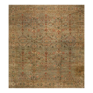 1920s Sky Blue Medallion Traditional Antique Turkish Sivas Rug 13'9" X 15'6" Handknotted Wool Carpet For Sale