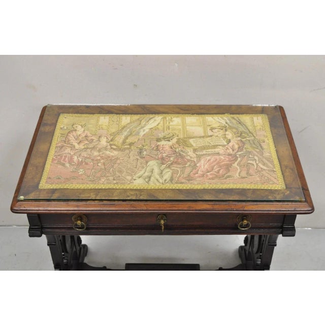 Antique Eastlake Victorian Carved Walnut Small Sewing Stand Tapestry Side Table For Sale In Philadelphia - Image 6 of 12