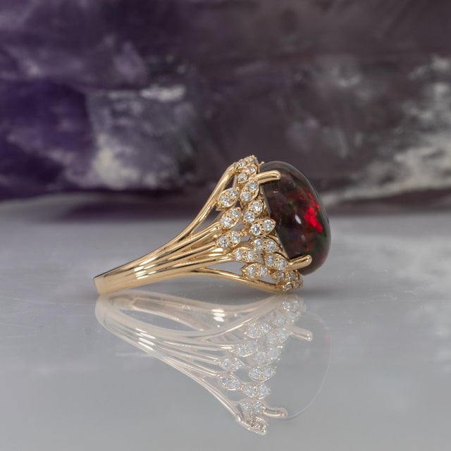 3.3Ct Black Opal Ring With Natural Diamond Accents: Solid 14k Gold, Size 6.75 For Sale In Columbus - Image 6 of 7