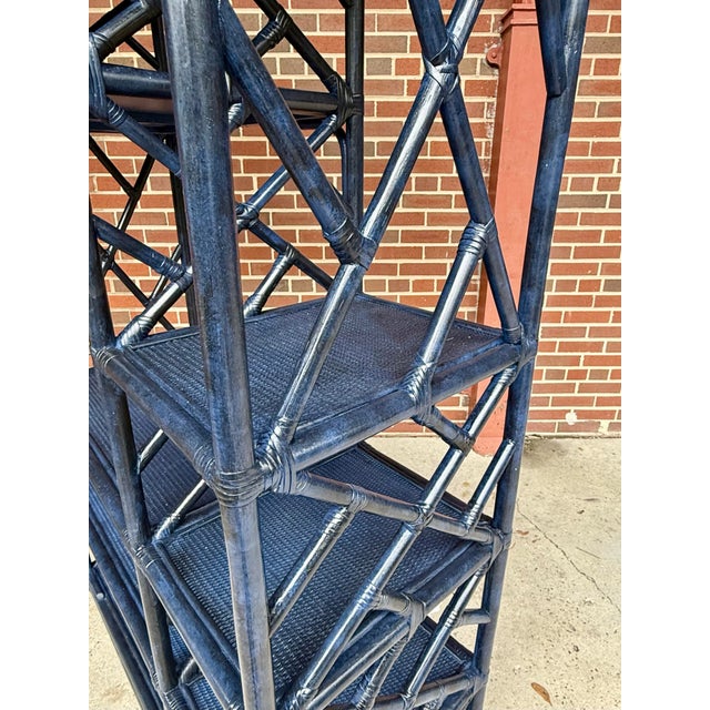 Wood Vintage Turtle and Crane Bespoke Rattan Lapis Trellis Etagère | Hollywood Regency Chippendale Bookcase For Sale - Image 7 of 12