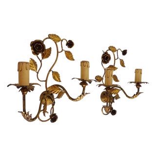 Vintage Wall Lights with Foliage Flowers in Gold Metal, 1960s, Set of 2 For Sale