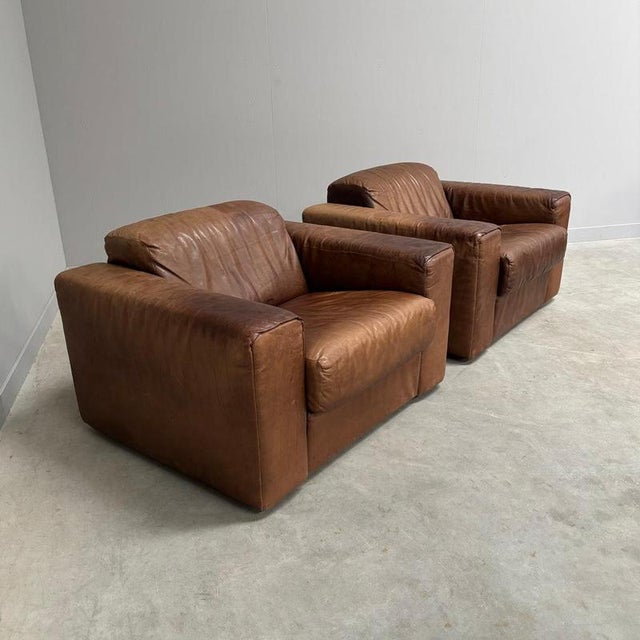 Textile Vintage Brown Leather Lounge Chairs, 1970s, Set of 2 For Sale - Image 7 of 18