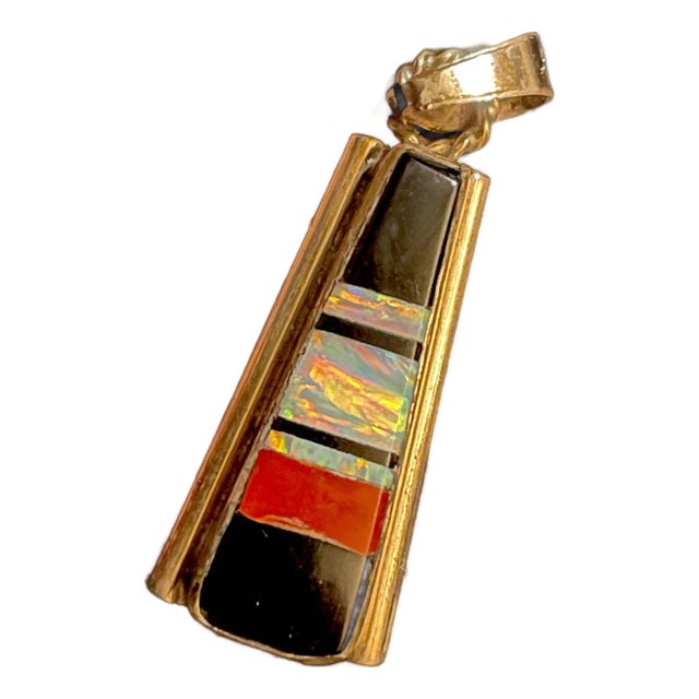 Navajo Artist Mary Livingston Gold Washed Sterling Pendant Inlaid Australian Black Opal For Sale